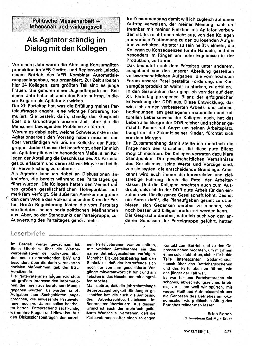 Neuer Weg (NW), Organ des Zentralkomitees (ZK) der SED (Sozialistische Einheitspartei Deutschlands) für Fragen des Parteilebens, 41. Jahrgang [Deutsche Demokratische Republik (DDR)] 1986, Seite 477 (NW ZK SED DDR 1986, S. 477)