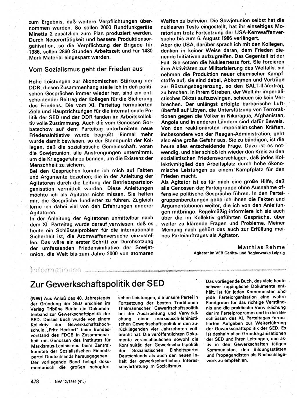 Neuer Weg (NW), Organ des Zentralkomitees (ZK) der SED (Sozialistische Einheitspartei Deutschlands) für Fragen des Parteilebens, 41. Jahrgang [Deutsche Demokratische Republik (DDR)] 1986, Seite 478 (NW ZK SED DDR 1986, S. 478)