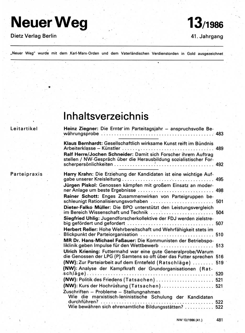 Neuer Weg (NW), Organ des Zentralkomitees (ZK) der SED (Sozialistische Einheitspartei Deutschlands) für Fragen des Parteilebens, 41. Jahrgang [Deutsche Demokratische Republik (DDR)] 1986, Seite 481 (NW ZK SED DDR 1986, S. 481)