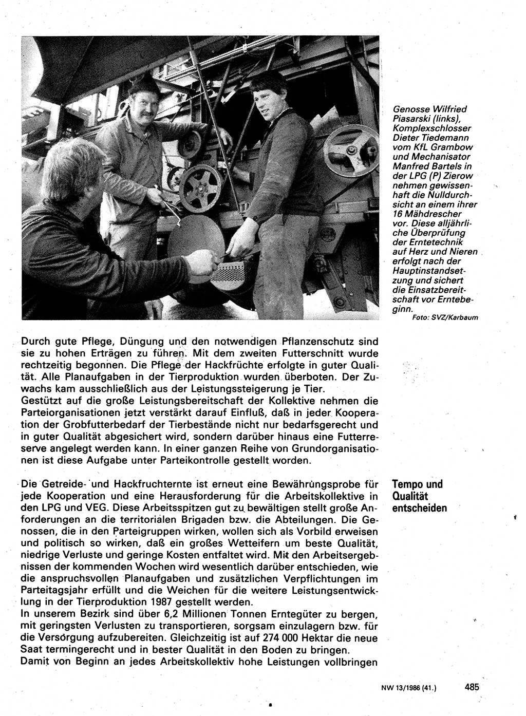 Neuer Weg (NW), Organ des Zentralkomitees (ZK) der SED (Sozialistische Einheitspartei Deutschlands) für Fragen des Parteilebens, 41. Jahrgang [Deutsche Demokratische Republik (DDR)] 1986, Seite 485 (NW ZK SED DDR 1986, S. 485)