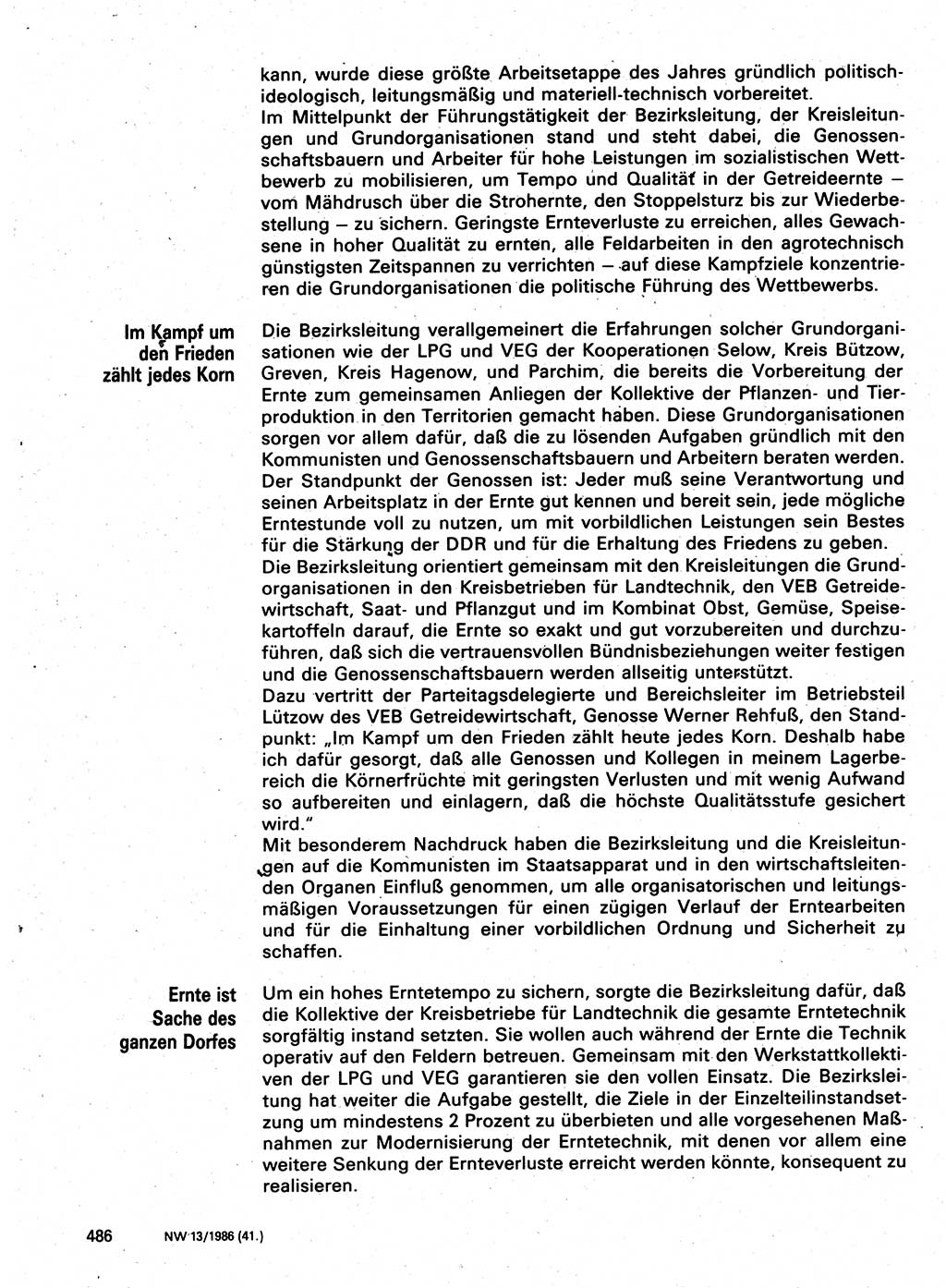 Neuer Weg (NW), Organ des Zentralkomitees (ZK) der SED (Sozialistische Einheitspartei Deutschlands) für Fragen des Parteilebens, 41. Jahrgang [Deutsche Demokratische Republik (DDR)] 1986, Seite 486 (NW ZK SED DDR 1986, S. 486)