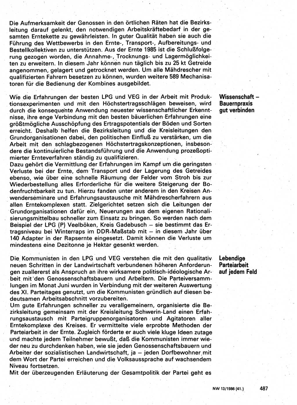 Neuer Weg (NW), Organ des Zentralkomitees (ZK) der SED (Sozialistische Einheitspartei Deutschlands) für Fragen des Parteilebens, 41. Jahrgang [Deutsche Demokratische Republik (DDR)] 1986, Seite 487 (NW ZK SED DDR 1986, S. 487)