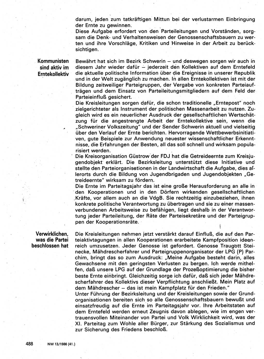 Neuer Weg (NW), Organ des Zentralkomitees (ZK) der SED (Sozialistische Einheitspartei Deutschlands) für Fragen des Parteilebens, 41. Jahrgang [Deutsche Demokratische Republik (DDR)] 1986, Seite 488 (NW ZK SED DDR 1986, S. 488)