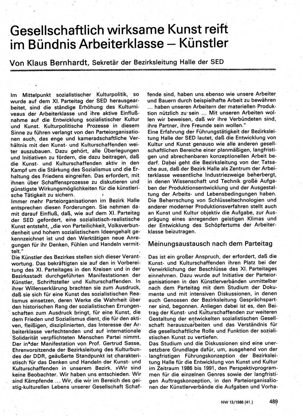 Neuer Weg (NW), Organ des Zentralkomitees (ZK) der SED (Sozialistische Einheitspartei Deutschlands) für Fragen des Parteilebens, 41. Jahrgang [Deutsche Demokratische Republik (DDR)] 1986, Seite 489 (NW ZK SED DDR 1986, S. 489)