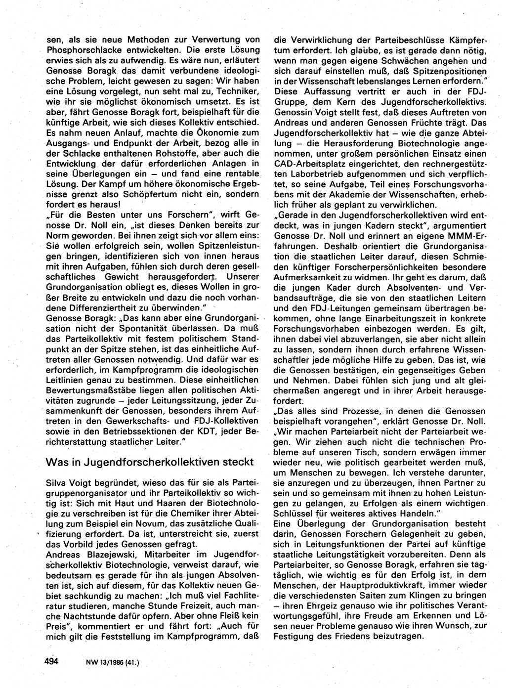 Neuer Weg (NW), Organ des Zentralkomitees (ZK) der SED (Sozialistische Einheitspartei Deutschlands) für Fragen des Parteilebens, 41. Jahrgang [Deutsche Demokratische Republik (DDR)] 1986, Seite 494 (NW ZK SED DDR 1986, S. 494)