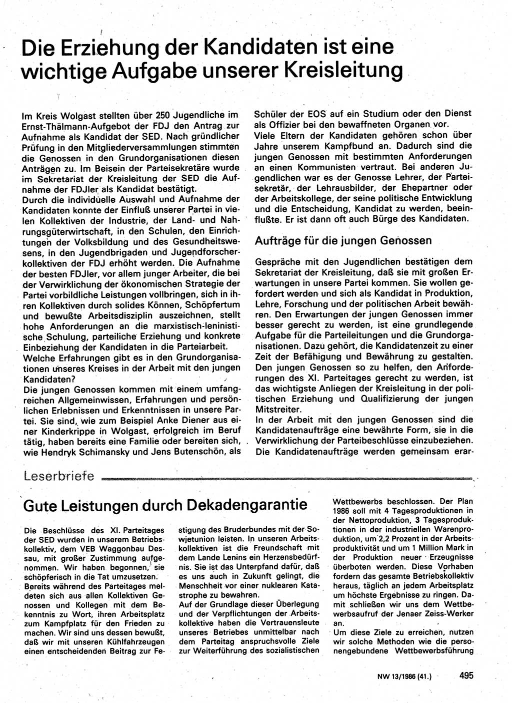 Neuer Weg (NW), Organ des Zentralkomitees (ZK) der SED (Sozialistische Einheitspartei Deutschlands) für Fragen des Parteilebens, 41. Jahrgang [Deutsche Demokratische Republik (DDR)] 1986, Seite 495 (NW ZK SED DDR 1986, S. 495)