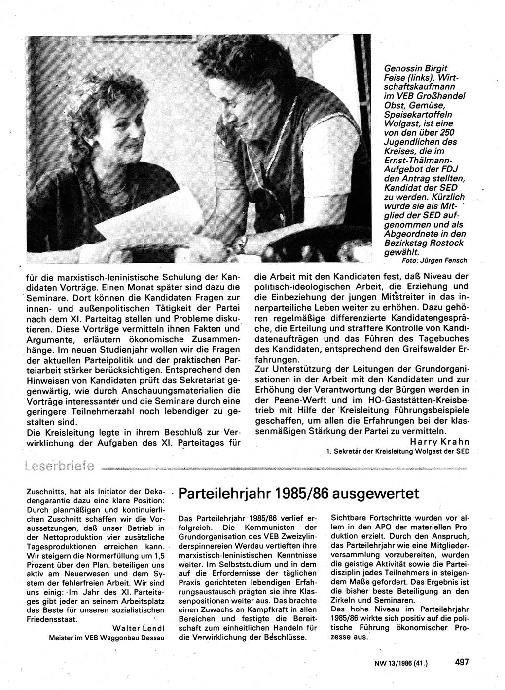 Neuer Weg (NW), Organ des Zentralkomitees (ZK) der SED (Sozialistische Einheitspartei Deutschlands) für Fragen des Parteilebens, 41. Jahrgang [Deutsche Demokratische Republik (DDR)] 1986, Seite 497 (NW ZK SED DDR 1986, S. 497)