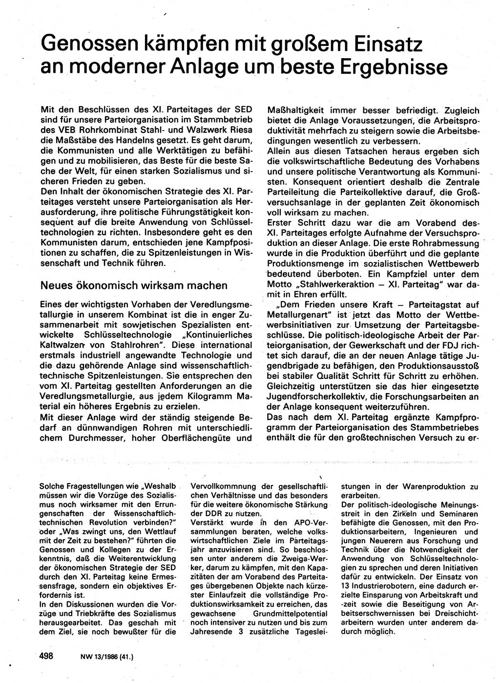 Neuer Weg (NW), Organ des Zentralkomitees (ZK) der SED (Sozialistische Einheitspartei Deutschlands) für Fragen des Parteilebens, 41. Jahrgang [Deutsche Demokratische Republik (DDR)] 1986, Seite 498 (NW ZK SED DDR 1986, S. 498)