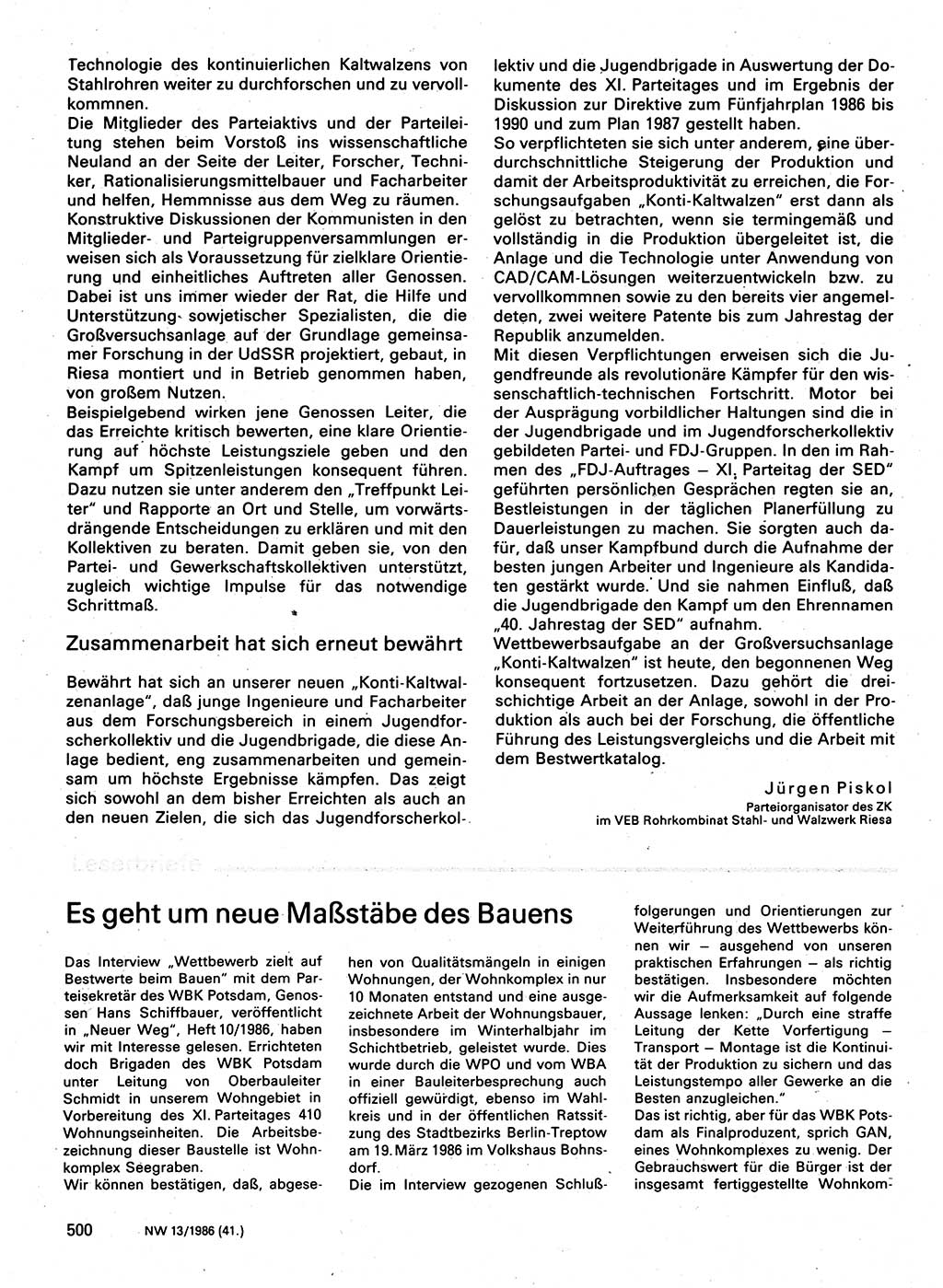 Neuer Weg (NW), Organ des Zentralkomitees (ZK) der SED (Sozialistische Einheitspartei Deutschlands) für Fragen des Parteilebens, 41. Jahrgang [Deutsche Demokratische Republik (DDR)] 1986, Seite 500 (NW ZK SED DDR 1986, S. 500)