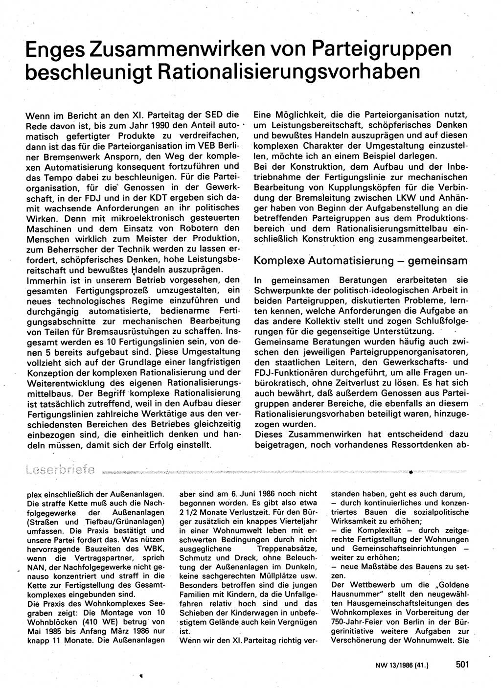 Neuer Weg (NW), Organ des Zentralkomitees (ZK) der SED (Sozialistische Einheitspartei Deutschlands) für Fragen des Parteilebens, 41. Jahrgang [Deutsche Demokratische Republik (DDR)] 1986, Seite 501 (NW ZK SED DDR 1986, S. 501)