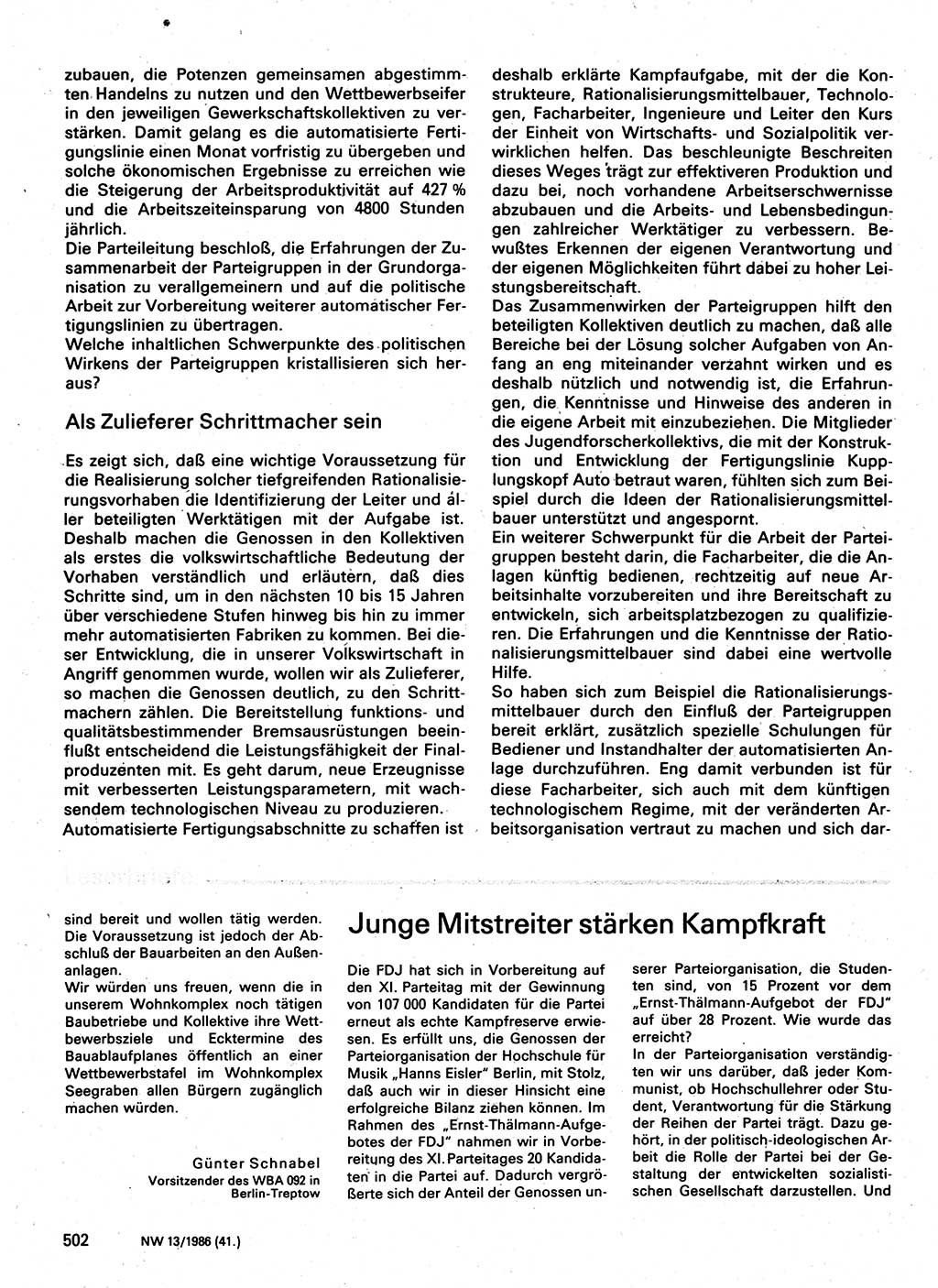 Neuer Weg (NW), Organ des Zentralkomitees (ZK) der SED (Sozialistische Einheitspartei Deutschlands) für Fragen des Parteilebens, 41. Jahrgang [Deutsche Demokratische Republik (DDR)] 1986, Seite 502 (NW ZK SED DDR 1986, S. 502)