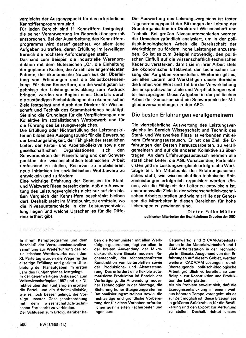 Neuer Weg (NW), Organ des Zentralkomitees (ZK) der SED (Sozialistische Einheitspartei Deutschlands) für Fragen des Parteilebens, 41. Jahrgang [Deutsche Demokratische Republik (DDR)] 1986, Seite 506 (NW ZK SED DDR 1986, S. 506)