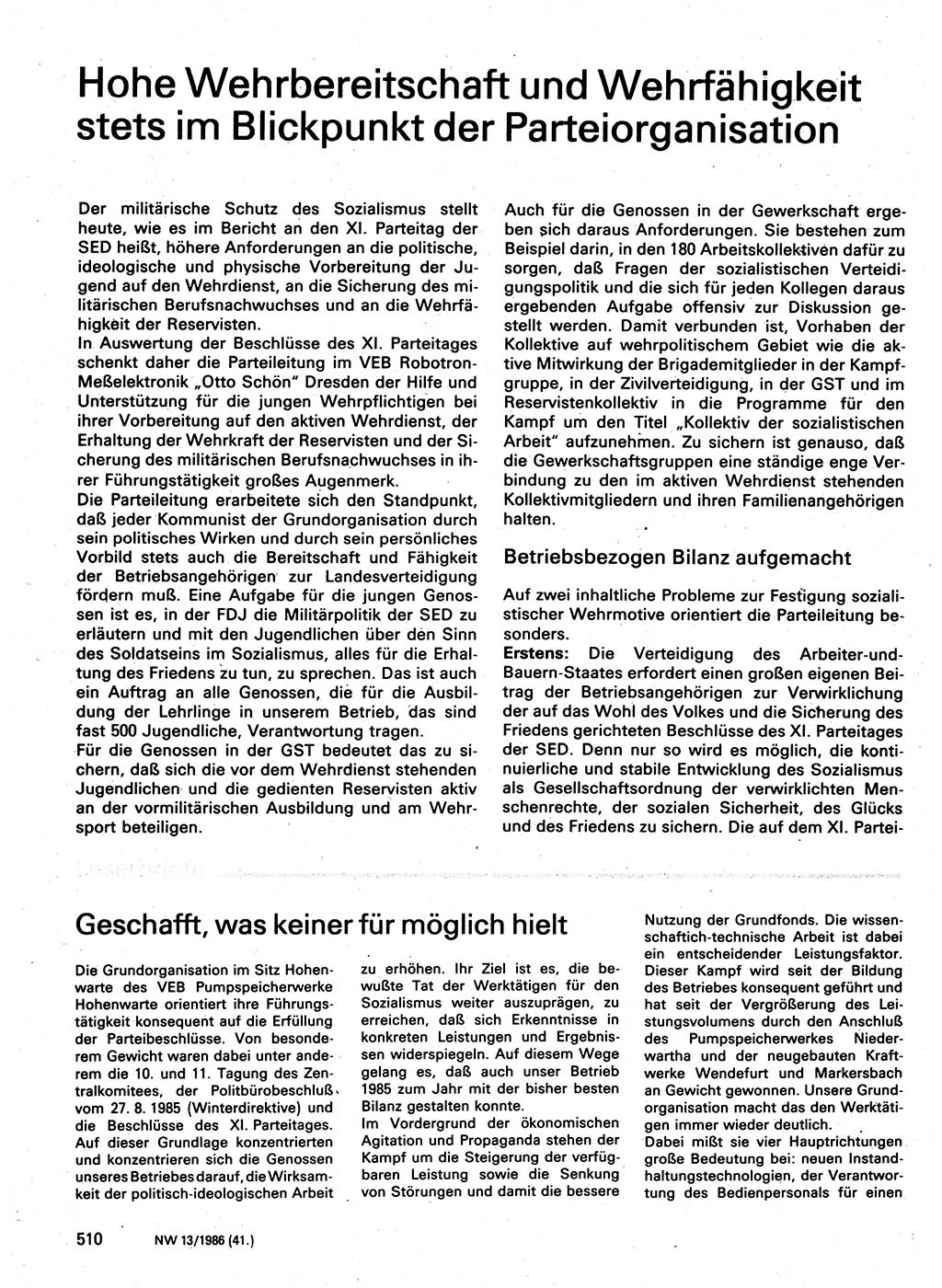 Neuer Weg (NW), Organ des Zentralkomitees (ZK) der SED (Sozialistische Einheitspartei Deutschlands) für Fragen des Parteilebens, 41. Jahrgang [Deutsche Demokratische Republik (DDR)] 1986, Seite 510 (NW ZK SED DDR 1986, S. 510)