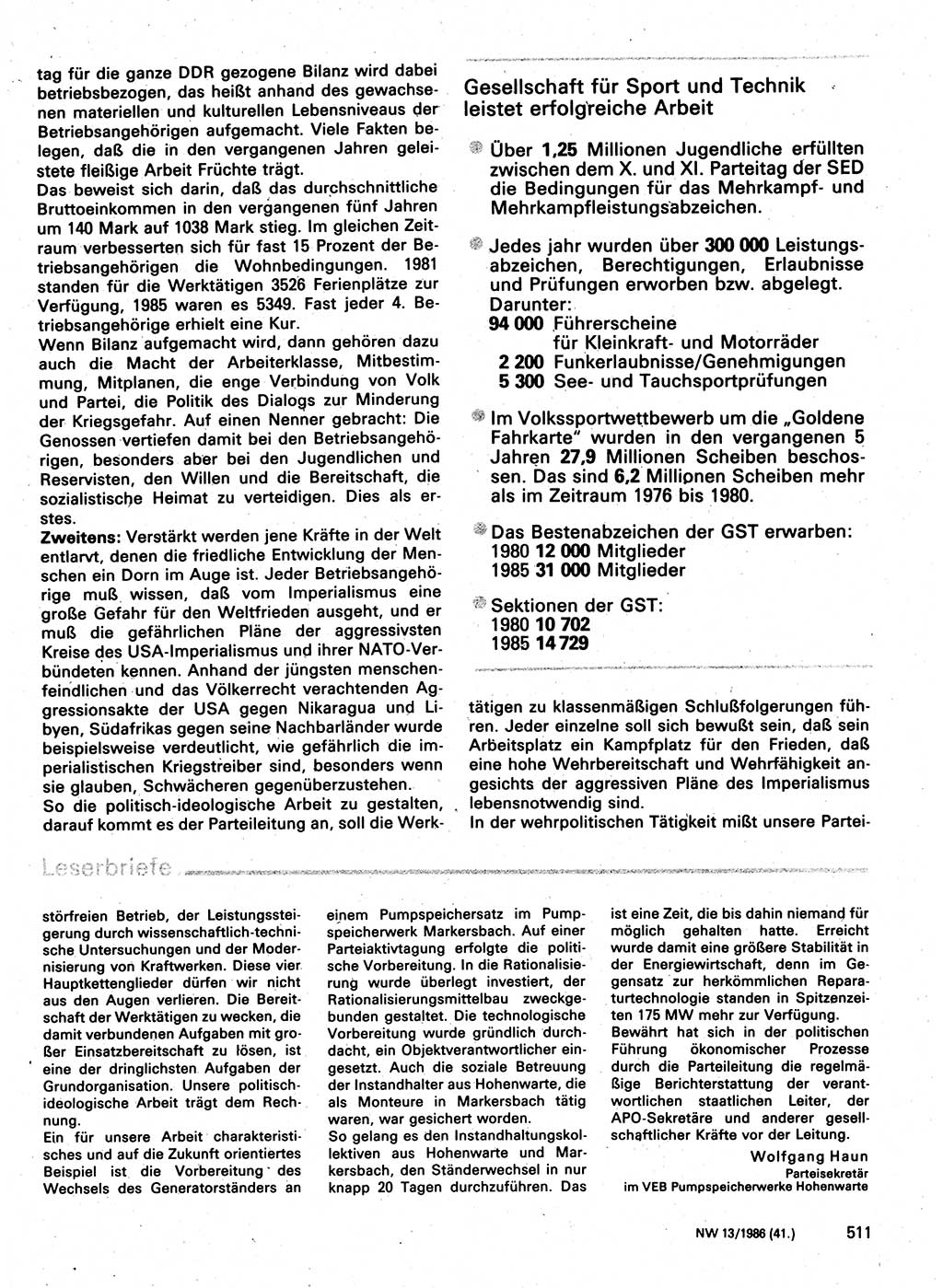 Neuer Weg (NW), Organ des Zentralkomitees (ZK) der SED (Sozialistische Einheitspartei Deutschlands) für Fragen des Parteilebens, 41. Jahrgang [Deutsche Demokratische Republik (DDR)] 1986, Seite 511 (NW ZK SED DDR 1986, S. 511)