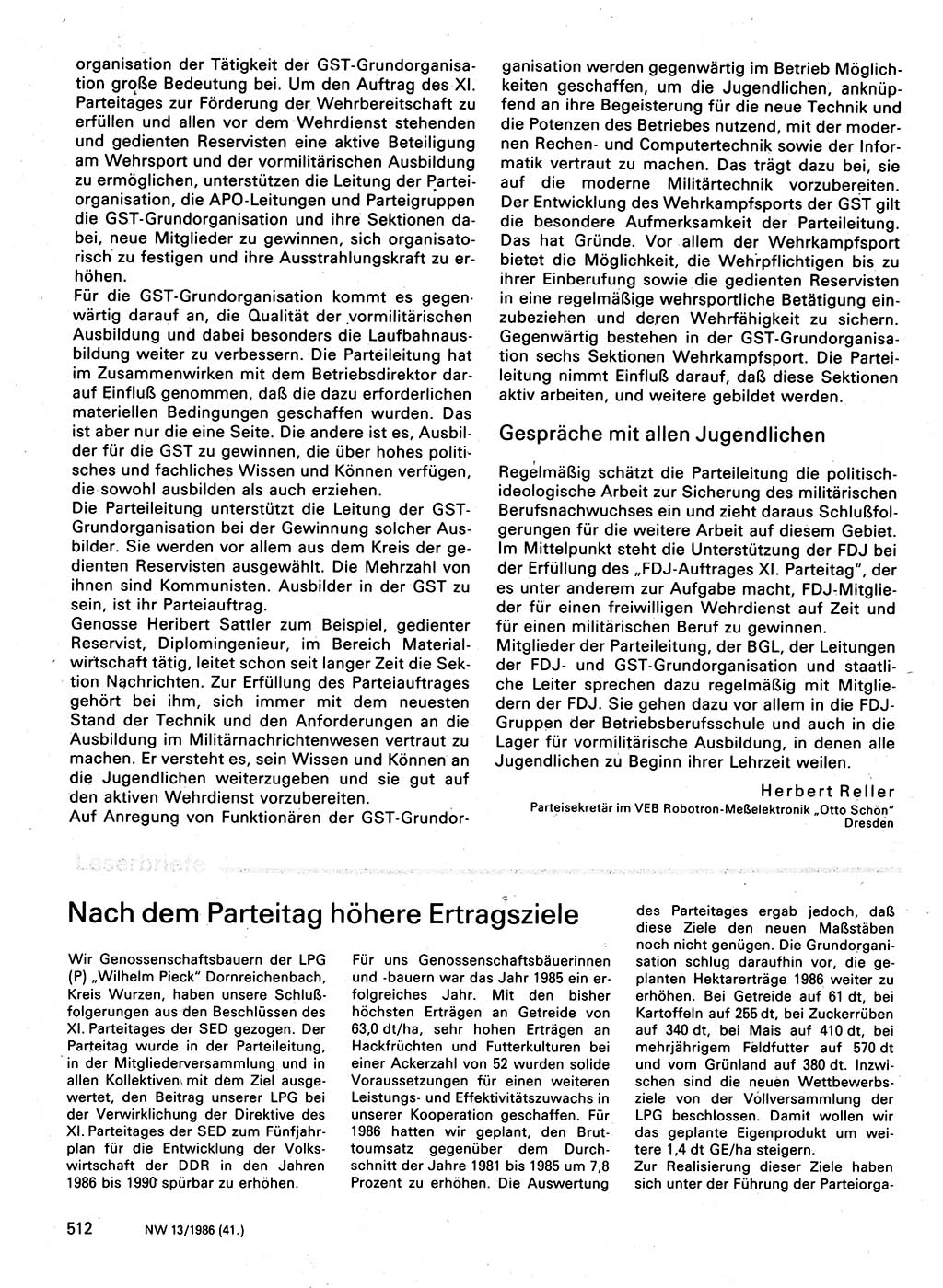 Neuer Weg (NW), Organ des Zentralkomitees (ZK) der SED (Sozialistische Einheitspartei Deutschlands) für Fragen des Parteilebens, 41. Jahrgang [Deutsche Demokratische Republik (DDR)] 1986, Seite 512 (NW ZK SED DDR 1986, S. 512)