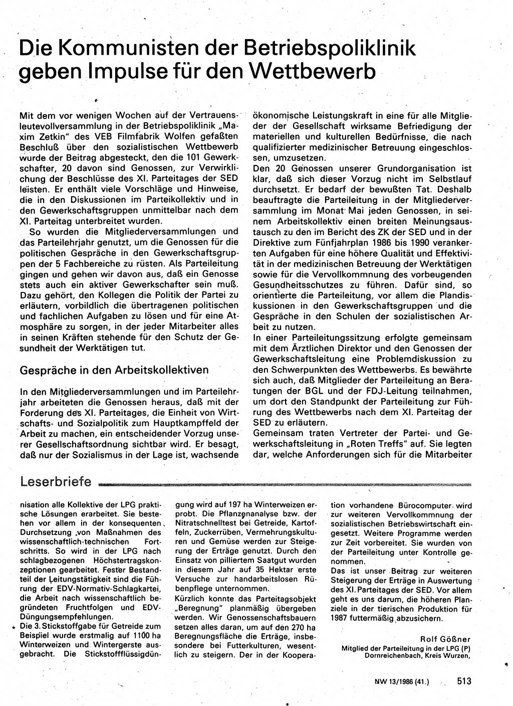 Neuer Weg (NW), Organ des Zentralkomitees (ZK) der SED (Sozialistische Einheitspartei Deutschlands) für Fragen des Parteilebens, 41. Jahrgang [Deutsche Demokratische Republik (DDR)] 1986, Seite 513 (NW ZK SED DDR 1986, S. 513)