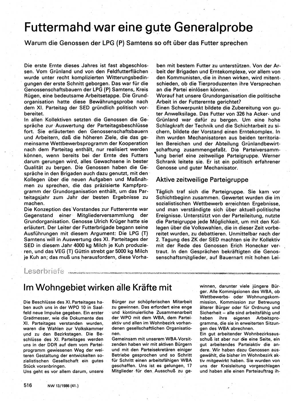 Neuer Weg (NW), Organ des Zentralkomitees (ZK) der SED (Sozialistische Einheitspartei Deutschlands) für Fragen des Parteilebens, 41. Jahrgang [Deutsche Demokratische Republik (DDR)] 1986, Seite 516 (NW ZK SED DDR 1986, S. 516)