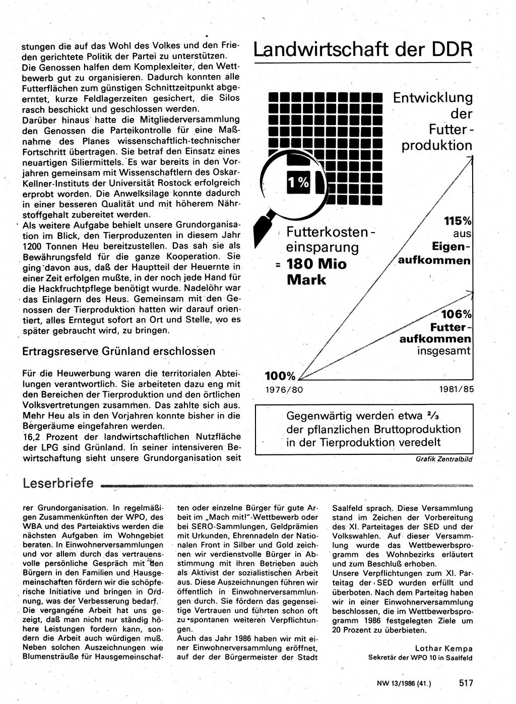 Neuer Weg (NW), Organ des Zentralkomitees (ZK) der SED (Sozialistische Einheitspartei Deutschlands) für Fragen des Parteilebens, 41. Jahrgang [Deutsche Demokratische Republik (DDR)] 1986, Seite 517 (NW ZK SED DDR 1986, S. 517)