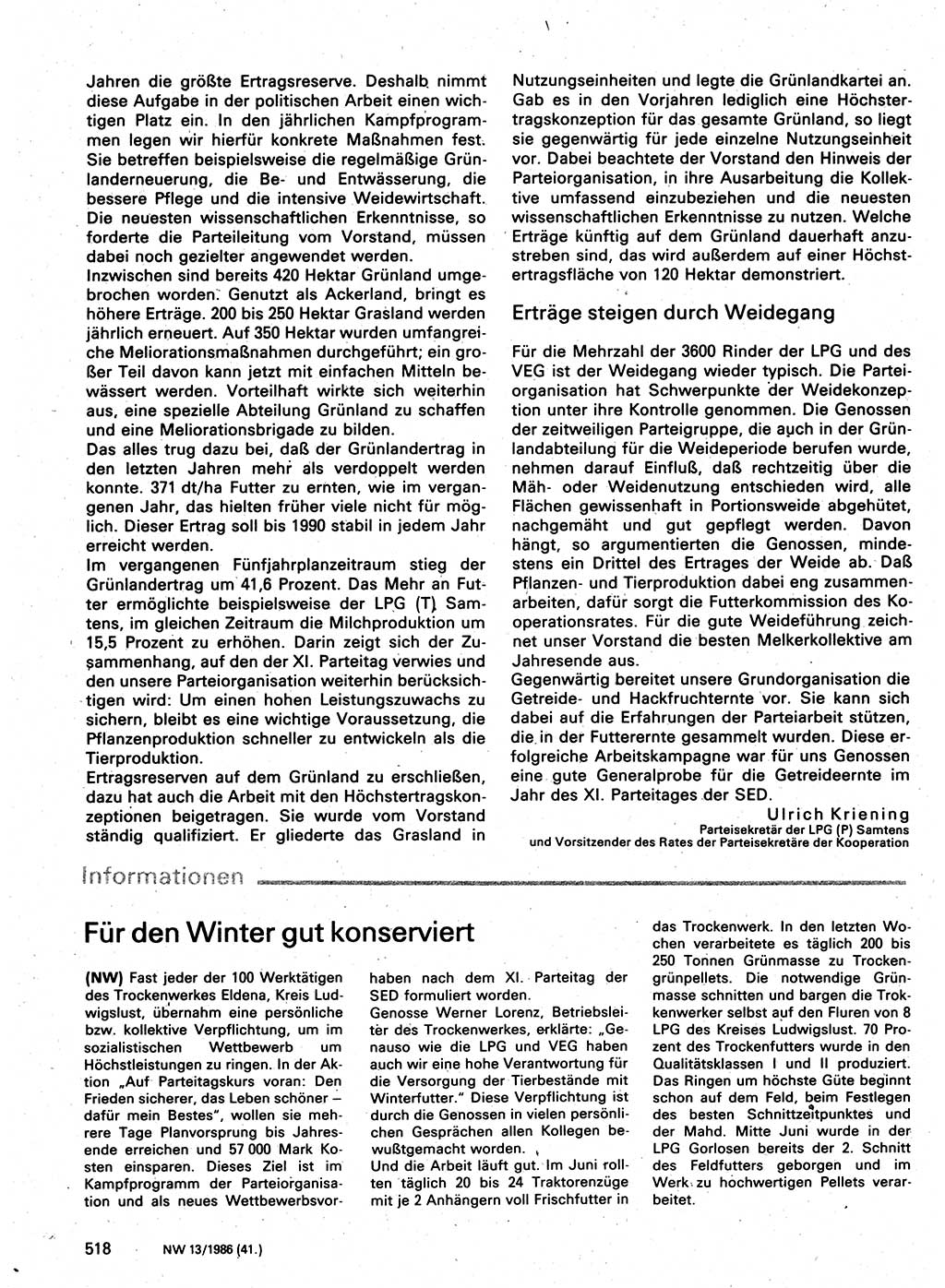 Neuer Weg (NW), Organ des Zentralkomitees (ZK) der SED (Sozialistische Einheitspartei Deutschlands) für Fragen des Parteilebens, 41. Jahrgang [Deutsche Demokratische Republik (DDR)] 1986, Seite 518 (NW ZK SED DDR 1986, S. 518)