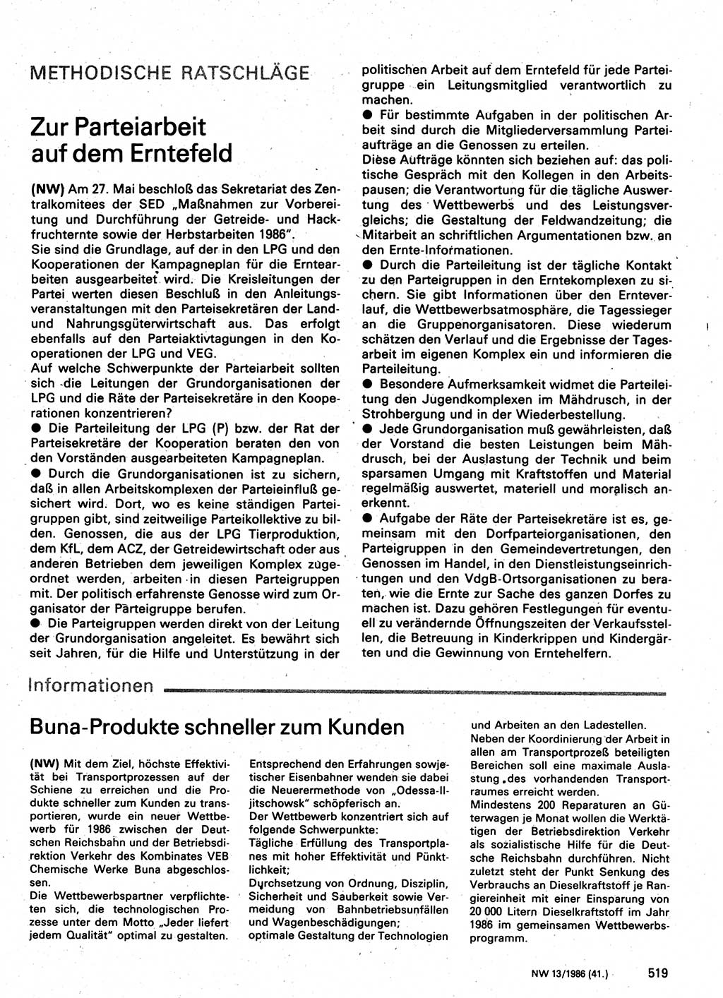 Neuer Weg (NW), Organ des Zentralkomitees (ZK) der SED (Sozialistische Einheitspartei Deutschlands) für Fragen des Parteilebens, 41. Jahrgang [Deutsche Demokratische Republik (DDR)] 1986, Seite 519 (NW ZK SED DDR 1986, S. 519)