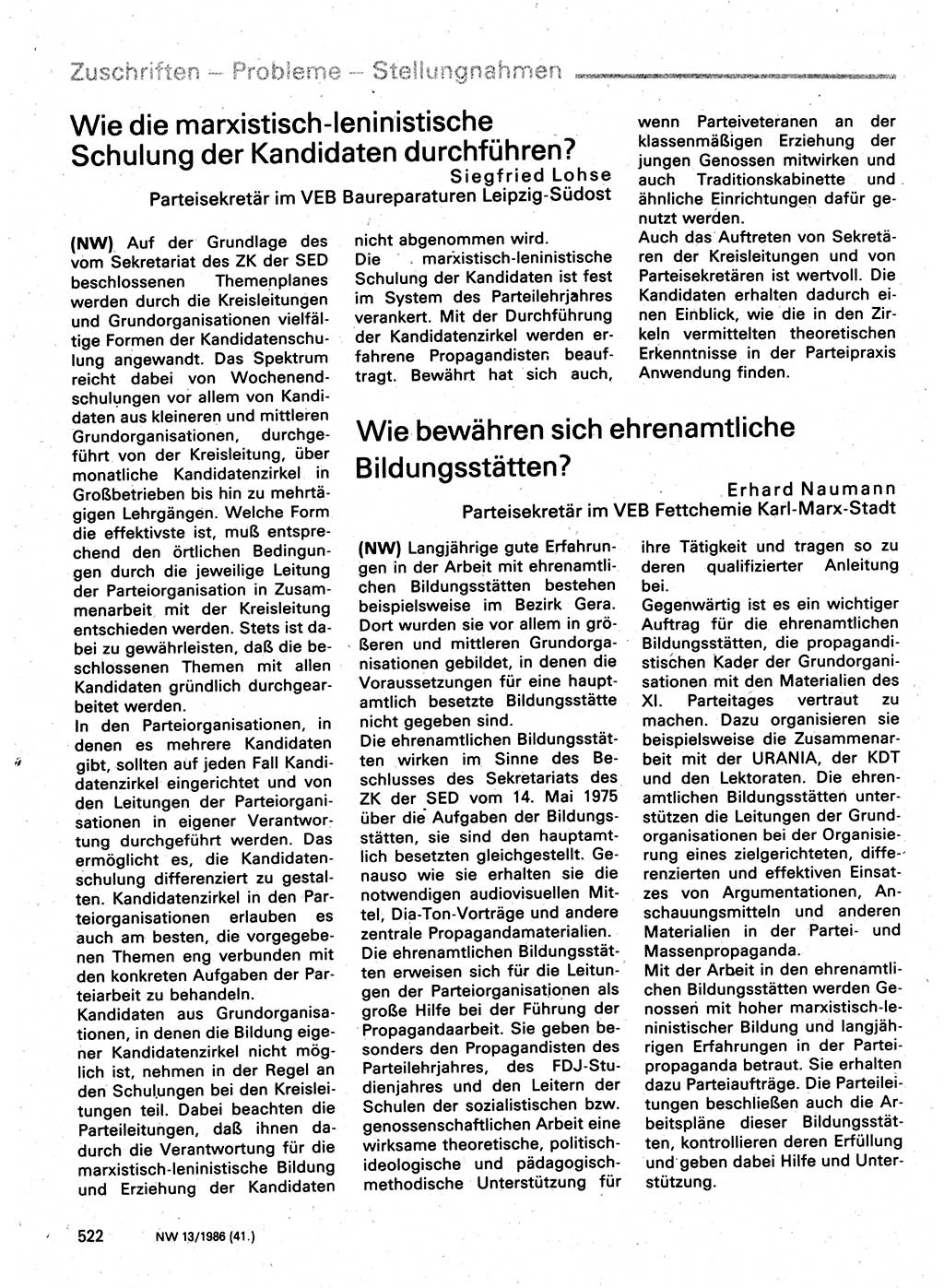 Neuer Weg (NW), Organ des Zentralkomitees (ZK) der SED (Sozialistische Einheitspartei Deutschlands) für Fragen des Parteilebens, 41. Jahrgang [Deutsche Demokratische Republik (DDR)] 1986, Seite 522 (NW ZK SED DDR 1986, S. 522)