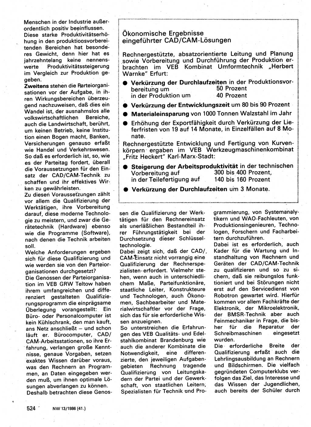 Neuer Weg (NW), Organ des Zentralkomitees (ZK) der SED (Sozialistische Einheitspartei Deutschlands) für Fragen des Parteilebens, 41. Jahrgang [Deutsche Demokratische Republik (DDR)] 1986, Seite 524 (NW ZK SED DDR 1986, S. 524)