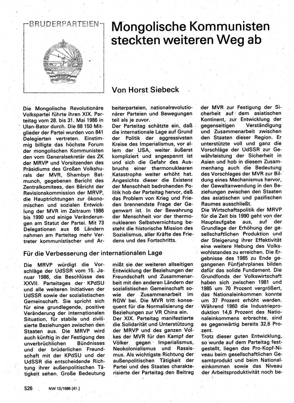 Neuer Weg (NW), Organ des Zentralkomitees (ZK) der SED (Sozialistische Einheitspartei Deutschlands) für Fragen des Parteilebens, 41. Jahrgang [Deutsche Demokratische Republik (DDR)] 1986, Seite 526 (NW ZK SED DDR 1986, S. 526)