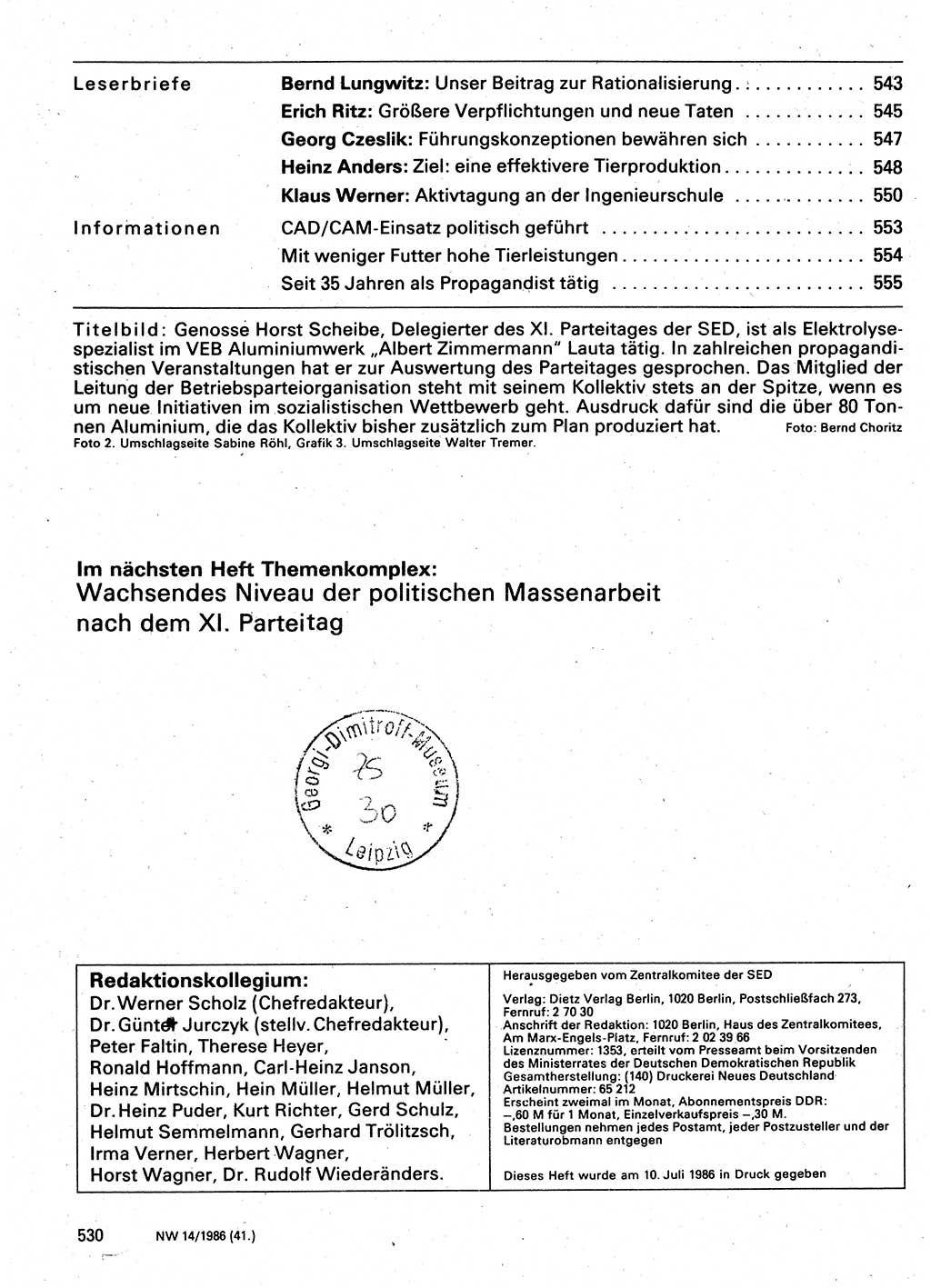 Neuer Weg (NW), Organ des Zentralkomitees (ZK) der SED (Sozialistische Einheitspartei Deutschlands) für Fragen des Parteilebens, 41. Jahrgang [Deutsche Demokratische Republik (DDR)] 1986, Seite 530 (NW ZK SED DDR 1986, S. 530)