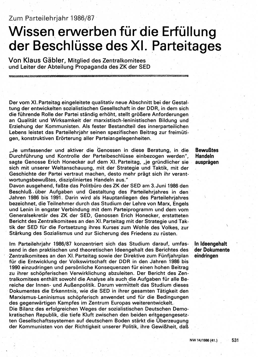 Neuer Weg (NW), Organ des Zentralkomitees (ZK) der SED (Sozialistische Einheitspartei Deutschlands) für Fragen des Parteilebens, 41. Jahrgang [Deutsche Demokratische Republik (DDR)] 1986, Seite 531 (NW ZK SED DDR 1986, S. 531)