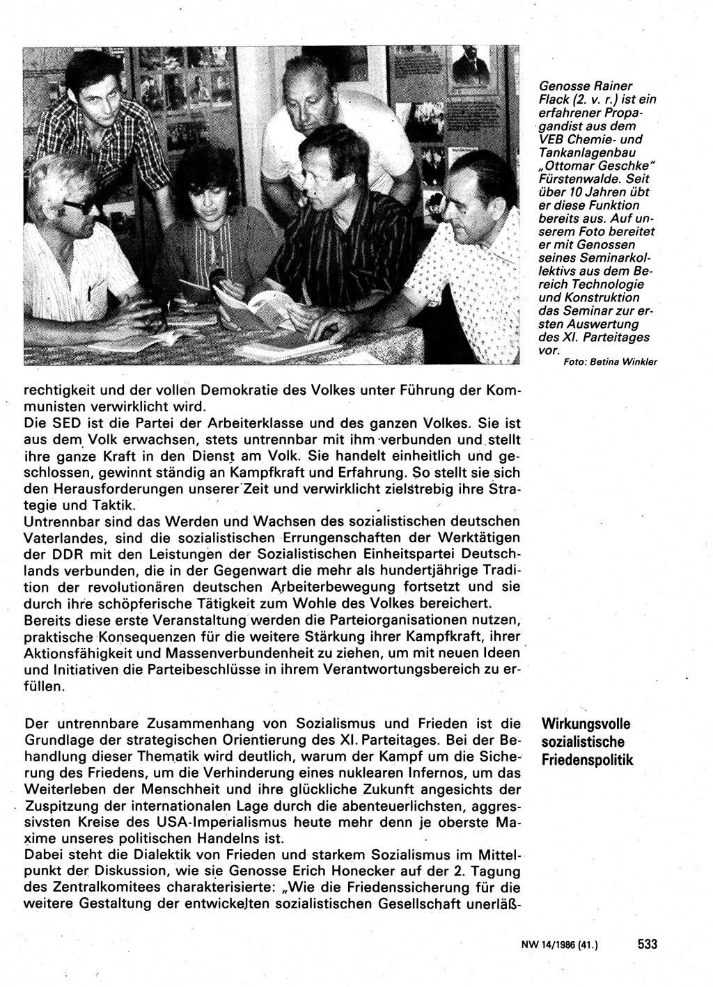 Neuer Weg (NW), Organ des Zentralkomitees (ZK) der SED (Sozialistische Einheitspartei Deutschlands) für Fragen des Parteilebens, 41. Jahrgang [Deutsche Demokratische Republik (DDR)] 1986, Seite 533 (NW ZK SED DDR 1986, S. 533)