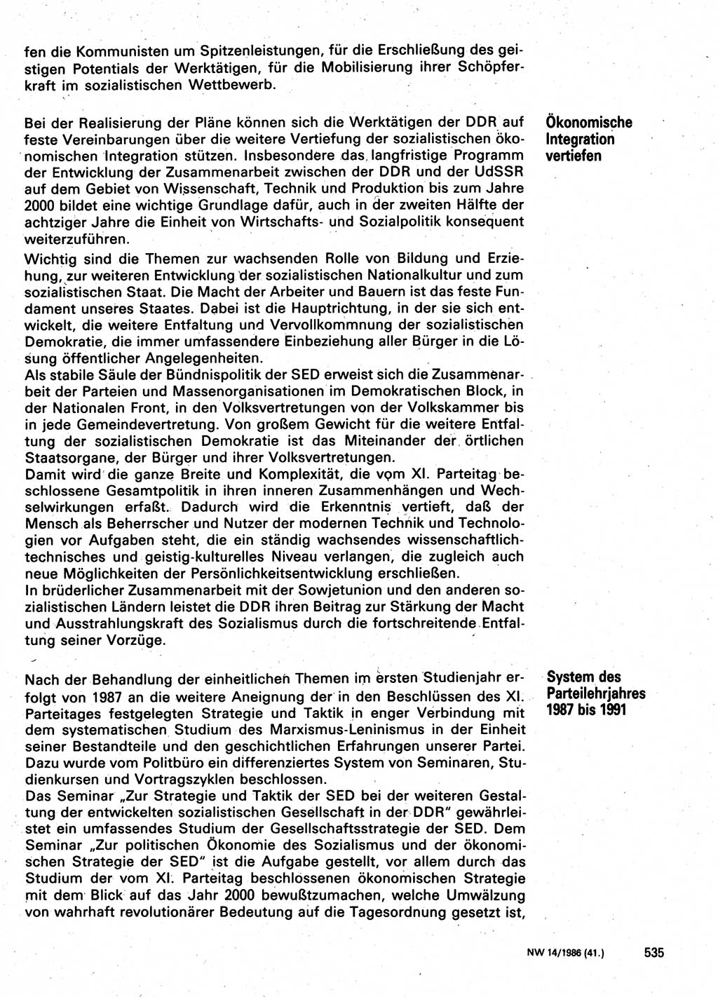 Neuer Weg (NW), Organ des Zentralkomitees (ZK) der SED (Sozialistische Einheitspartei Deutschlands) für Fragen des Parteilebens, 41. Jahrgang [Deutsche Demokratische Republik (DDR)] 1986, Seite 535 (NW ZK SED DDR 1986, S. 535)