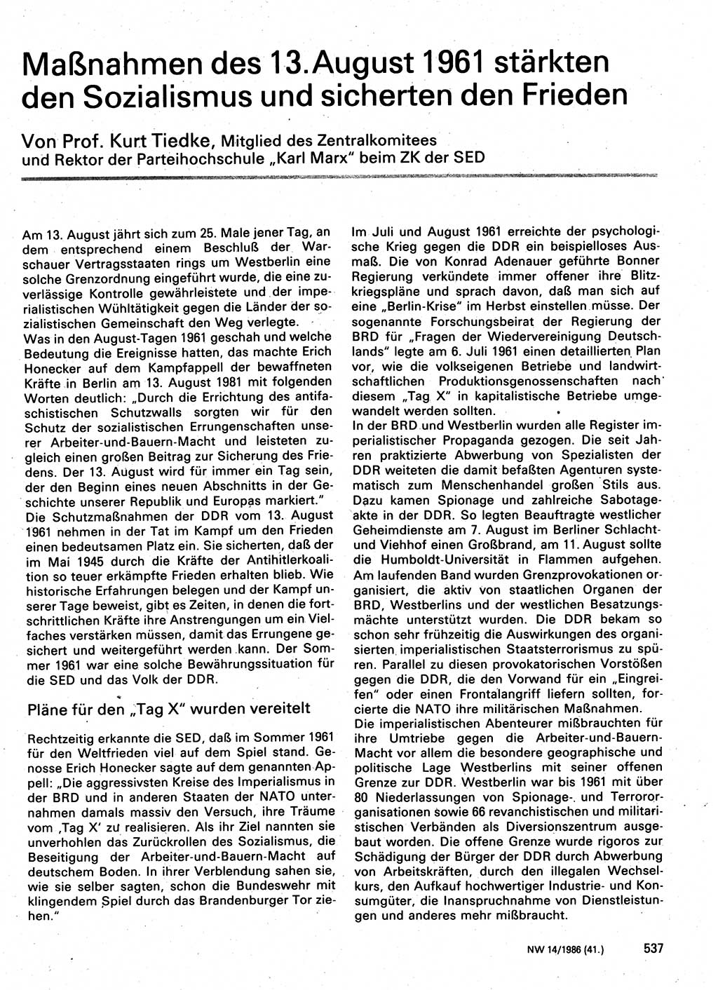 Neuer Weg (NW), Organ des Zentralkomitees (ZK) der SED (Sozialistische Einheitspartei Deutschlands) für Fragen des Parteilebens, 41. Jahrgang [Deutsche Demokratische Republik (DDR)] 1986, Seite 537 (NW ZK SED DDR 1986, S. 537)