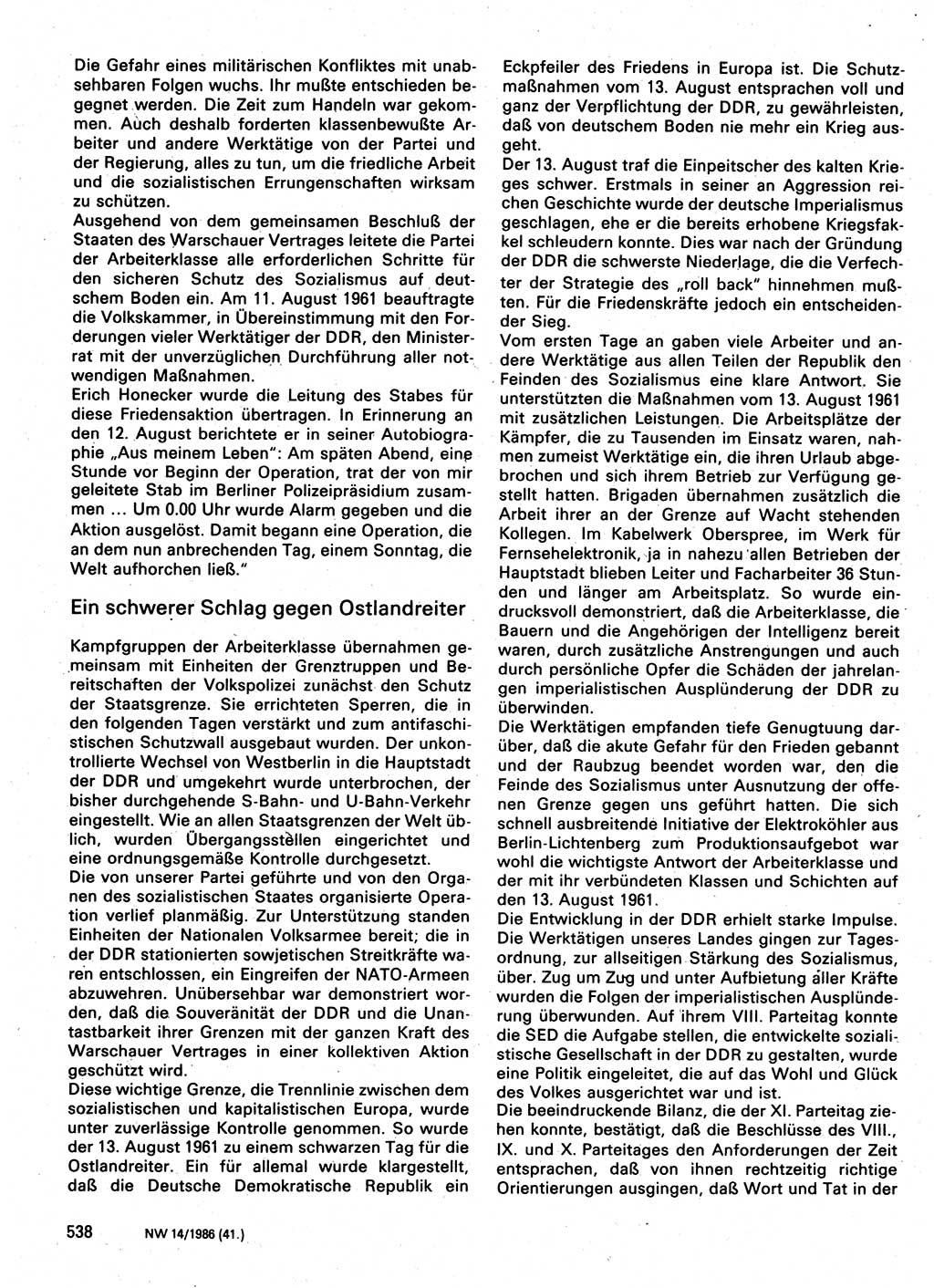 Neuer Weg (NW), Organ des Zentralkomitees (ZK) der SED (Sozialistische Einheitspartei Deutschlands) für Fragen des Parteilebens, 41. Jahrgang [Deutsche Demokratische Republik (DDR)] 1986, Seite 538 (NW ZK SED DDR 1986, S. 538)