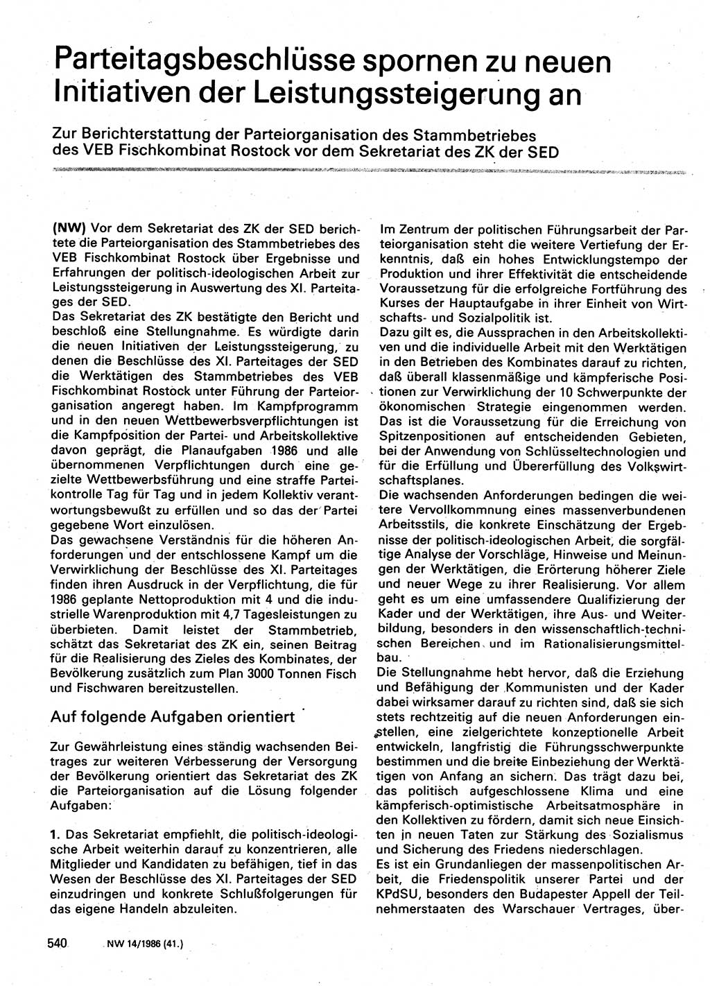 Neuer Weg (NW), Organ des Zentralkomitees (ZK) der SED (Sozialistische Einheitspartei Deutschlands) für Fragen des Parteilebens, 41. Jahrgang [Deutsche Demokratische Republik (DDR)] 1986, Seite 540 (NW ZK SED DDR 1986, S. 540)