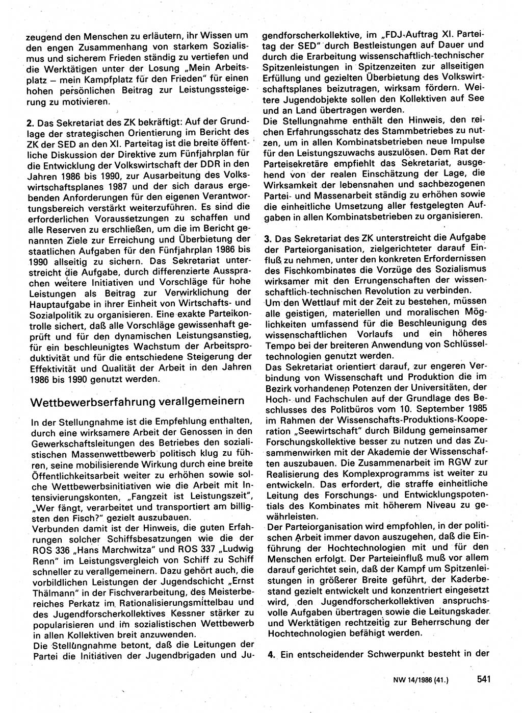 Neuer Weg (NW), Organ des Zentralkomitees (ZK) der SED (Sozialistische Einheitspartei Deutschlands) für Fragen des Parteilebens, 41. Jahrgang [Deutsche Demokratische Republik (DDR)] 1986, Seite 541 (NW ZK SED DDR 1986, S. 541)