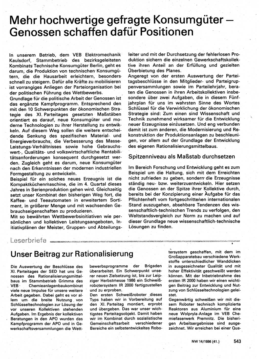 Neuer Weg (NW), Organ des Zentralkomitees (ZK) der SED (Sozialistische Einheitspartei Deutschlands) für Fragen des Parteilebens, 41. Jahrgang [Deutsche Demokratische Republik (DDR)] 1986, Seite 543 (NW ZK SED DDR 1986, S. 543)