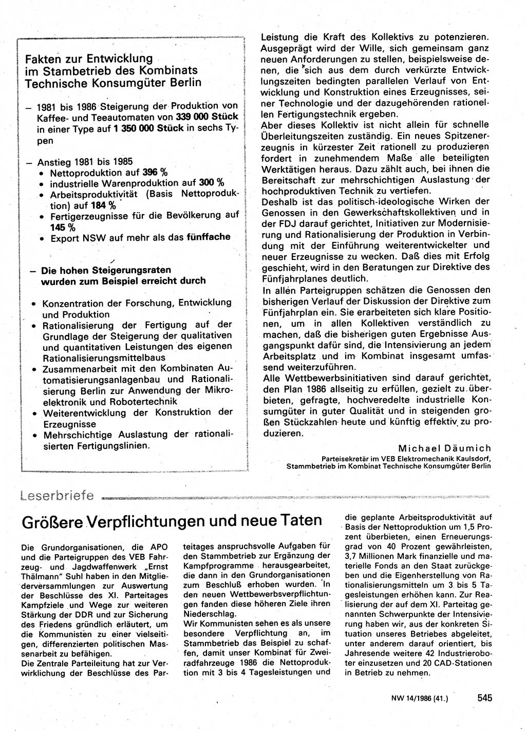Neuer Weg (NW), Organ des Zentralkomitees (ZK) der SED (Sozialistische Einheitspartei Deutschlands) für Fragen des Parteilebens, 41. Jahrgang [Deutsche Demokratische Republik (DDR)] 1986, Seite 545 (NW ZK SED DDR 1986, S. 545)
