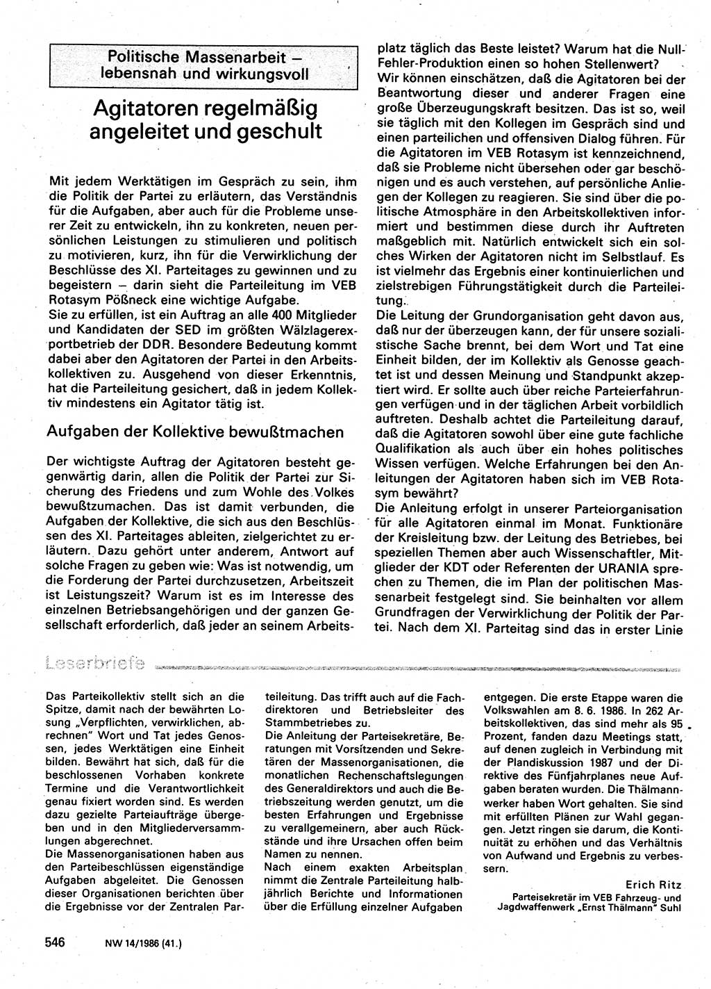 Neuer Weg (NW), Organ des Zentralkomitees (ZK) der SED (Sozialistische Einheitspartei Deutschlands) für Fragen des Parteilebens, 41. Jahrgang [Deutsche Demokratische Republik (DDR)] 1986, Seite 546 (NW ZK SED DDR 1986, S. 546)