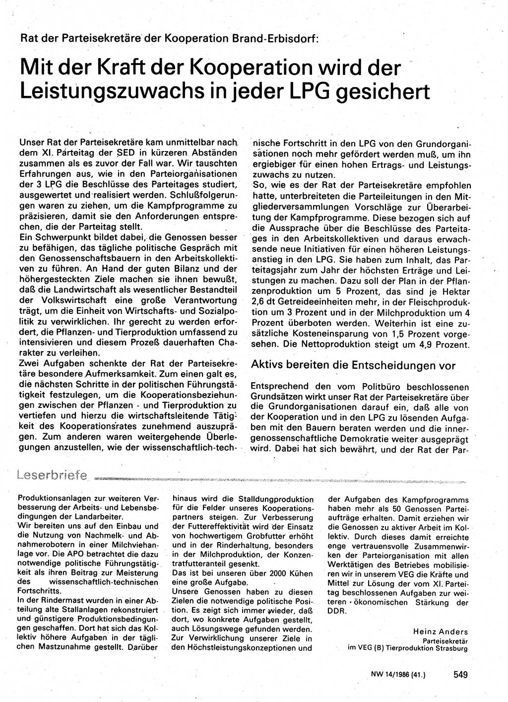 Neuer Weg (NW), Organ des Zentralkomitees (ZK) der SED (Sozialistische Einheitspartei Deutschlands) für Fragen des Parteilebens, 41. Jahrgang [Deutsche Demokratische Republik (DDR)] 1986, Seite 549 (NW ZK SED DDR 1986, S. 549)