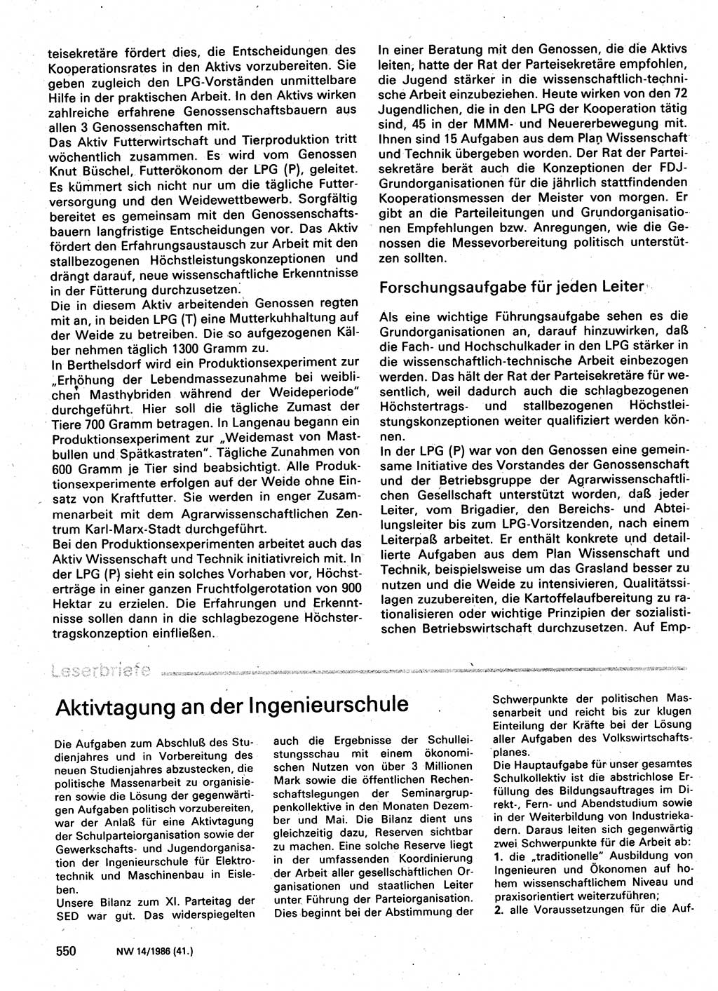 Neuer Weg (NW), Organ des Zentralkomitees (ZK) der SED (Sozialistische Einheitspartei Deutschlands) für Fragen des Parteilebens, 41. Jahrgang [Deutsche Demokratische Republik (DDR)] 1986, Seite 550 (NW ZK SED DDR 1986, S. 550)