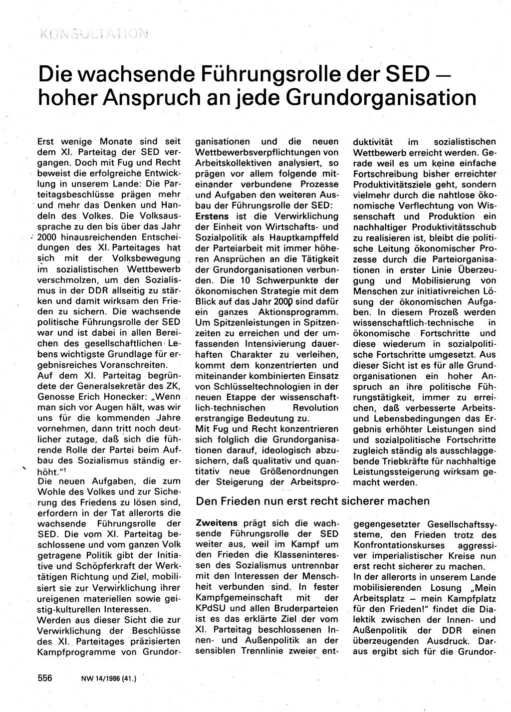 Neuer Weg (NW), Organ des Zentralkomitees (ZK) der SED (Sozialistische Einheitspartei Deutschlands) für Fragen des Parteilebens, 41. Jahrgang [Deutsche Demokratische Republik (DDR)] 1986, Seite 556 (NW ZK SED DDR 1986, S. 556)