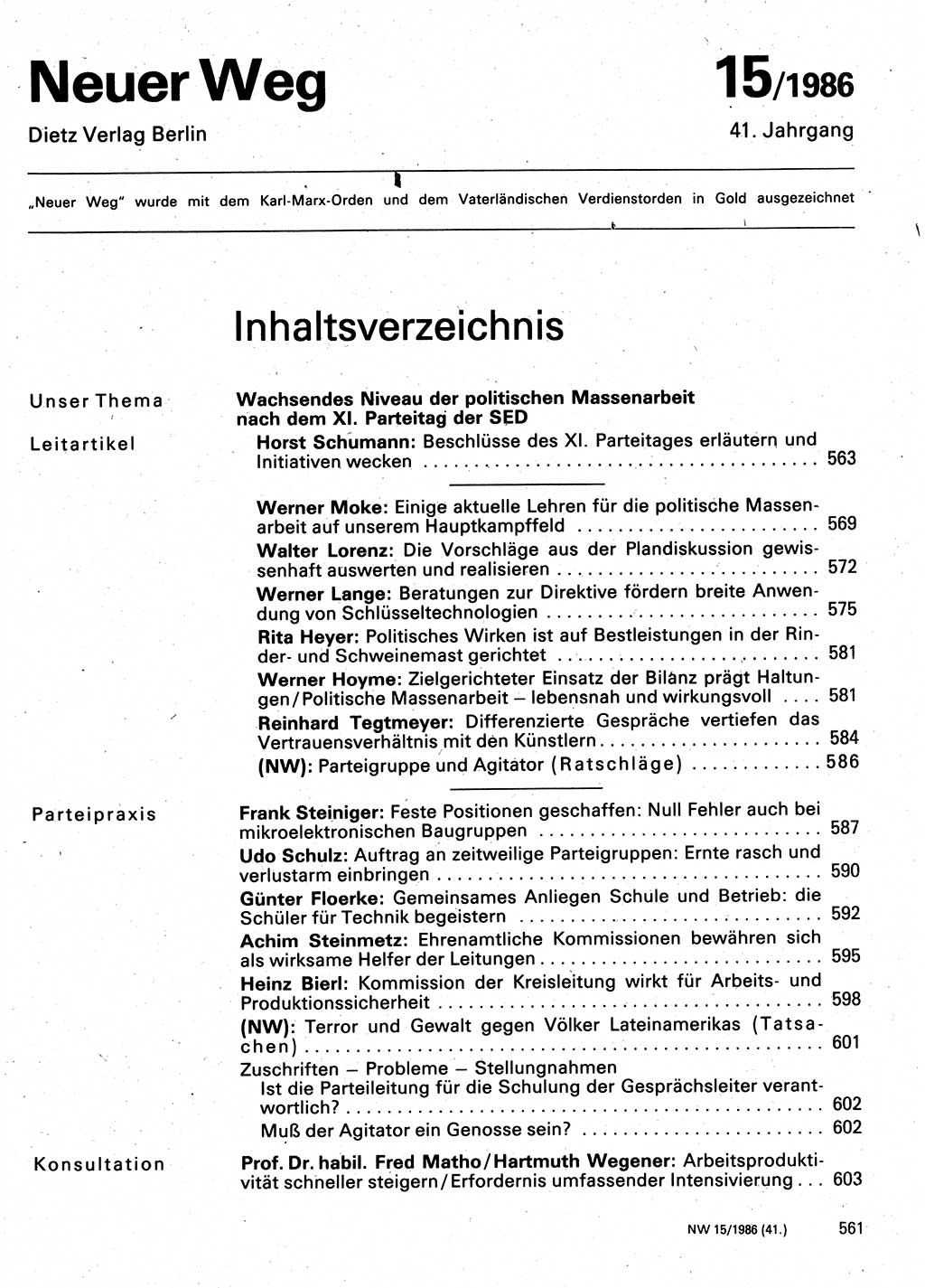 Neuer Weg (NW), Organ des Zentralkomitees (ZK) der SED (Sozialistische Einheitspartei Deutschlands) für Fragen des Parteilebens, 41. Jahrgang [Deutsche Demokratische Republik (DDR)] 1986, Seite 561 (NW ZK SED DDR 1986, S. 561)