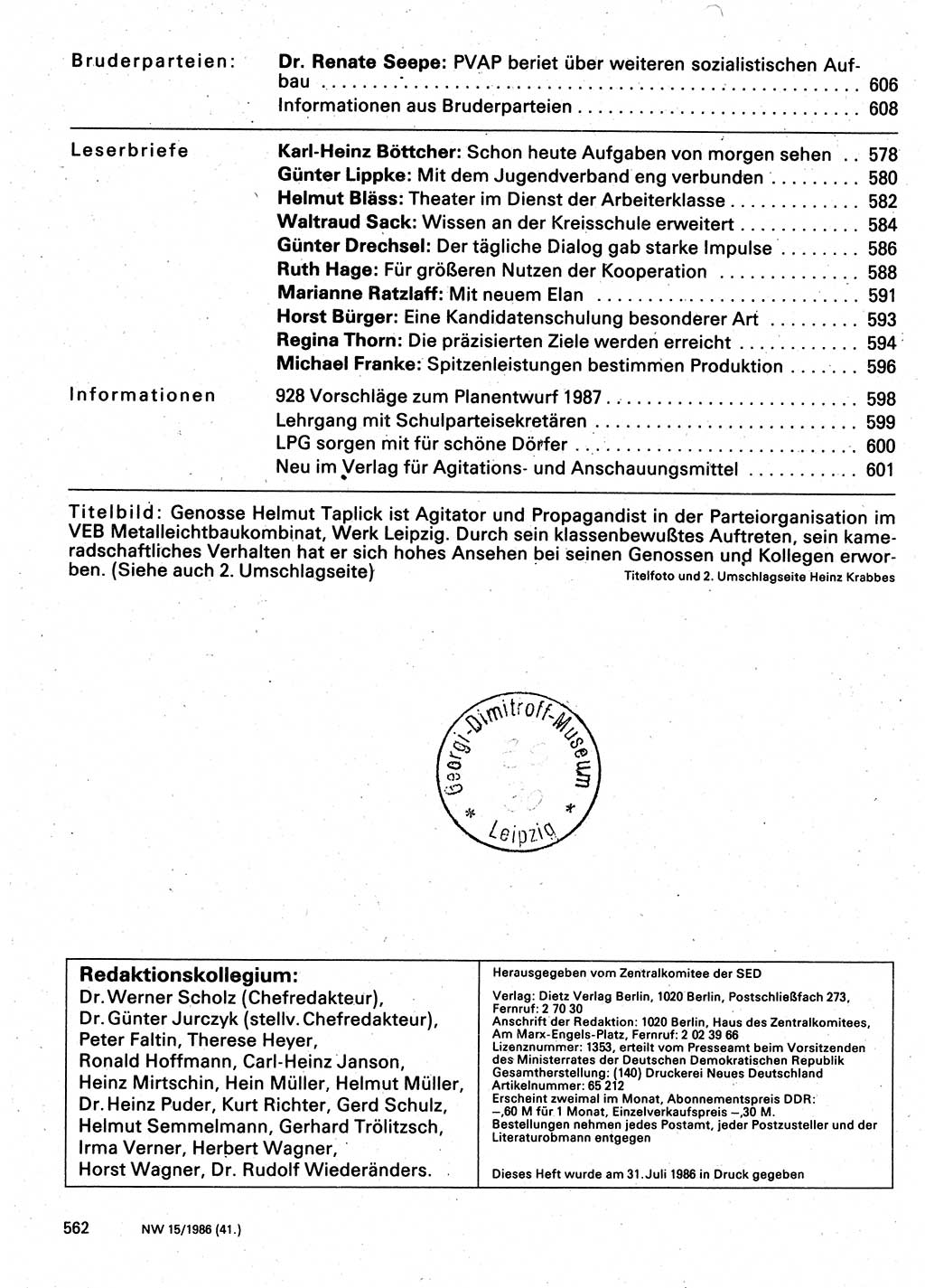 Neuer Weg (NW), Organ des Zentralkomitees (ZK) der SED (Sozialistische Einheitspartei Deutschlands) für Fragen des Parteilebens, 41. Jahrgang [Deutsche Demokratische Republik (DDR)] 1986, Seite 562 (NW ZK SED DDR 1986, S. 562)