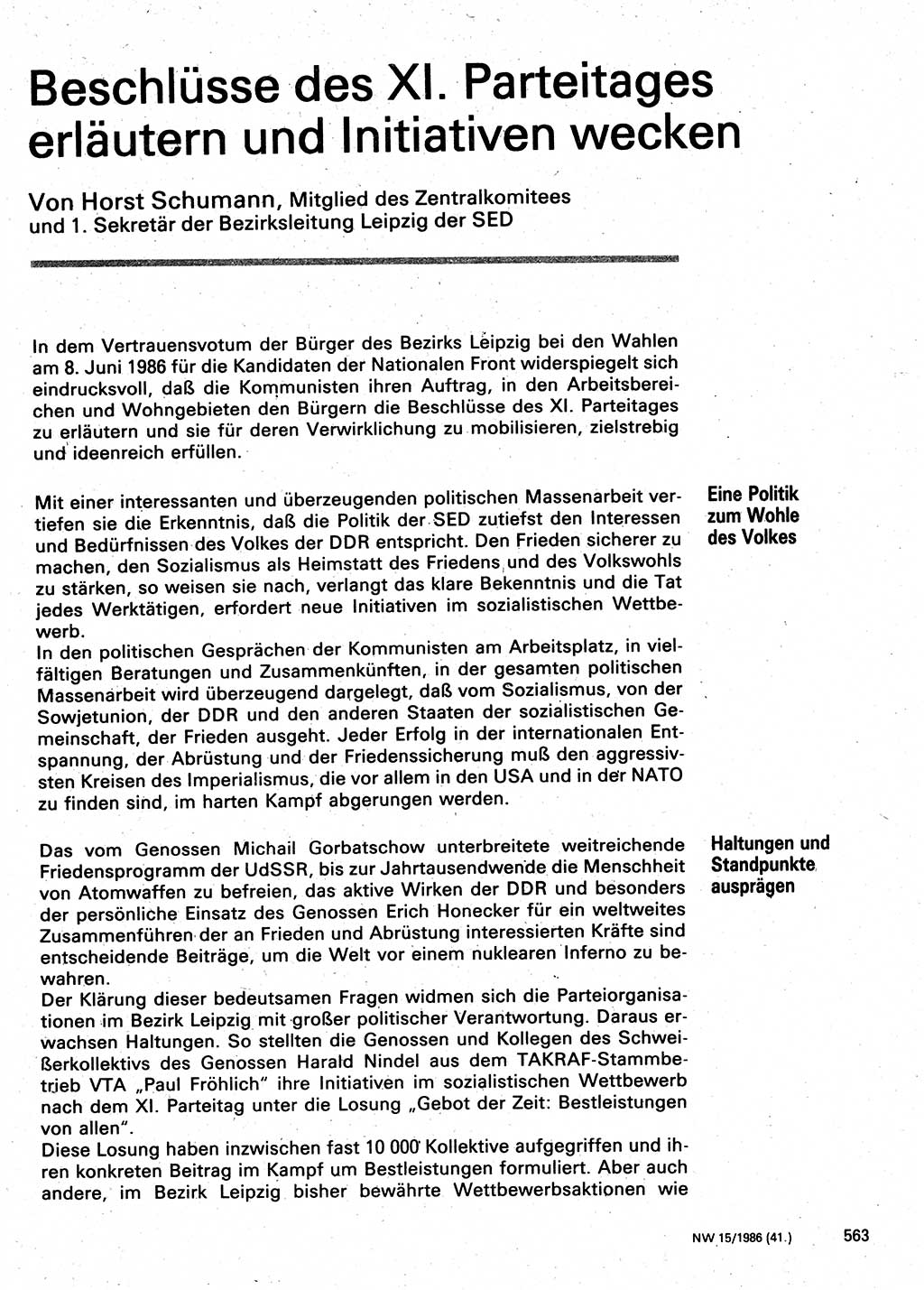 Neuer Weg (NW), Organ des Zentralkomitees (ZK) der SED (Sozialistische Einheitspartei Deutschlands) für Fragen des Parteilebens, 41. Jahrgang [Deutsche Demokratische Republik (DDR)] 1986, Seite 563 (NW ZK SED DDR 1986, S. 563)
