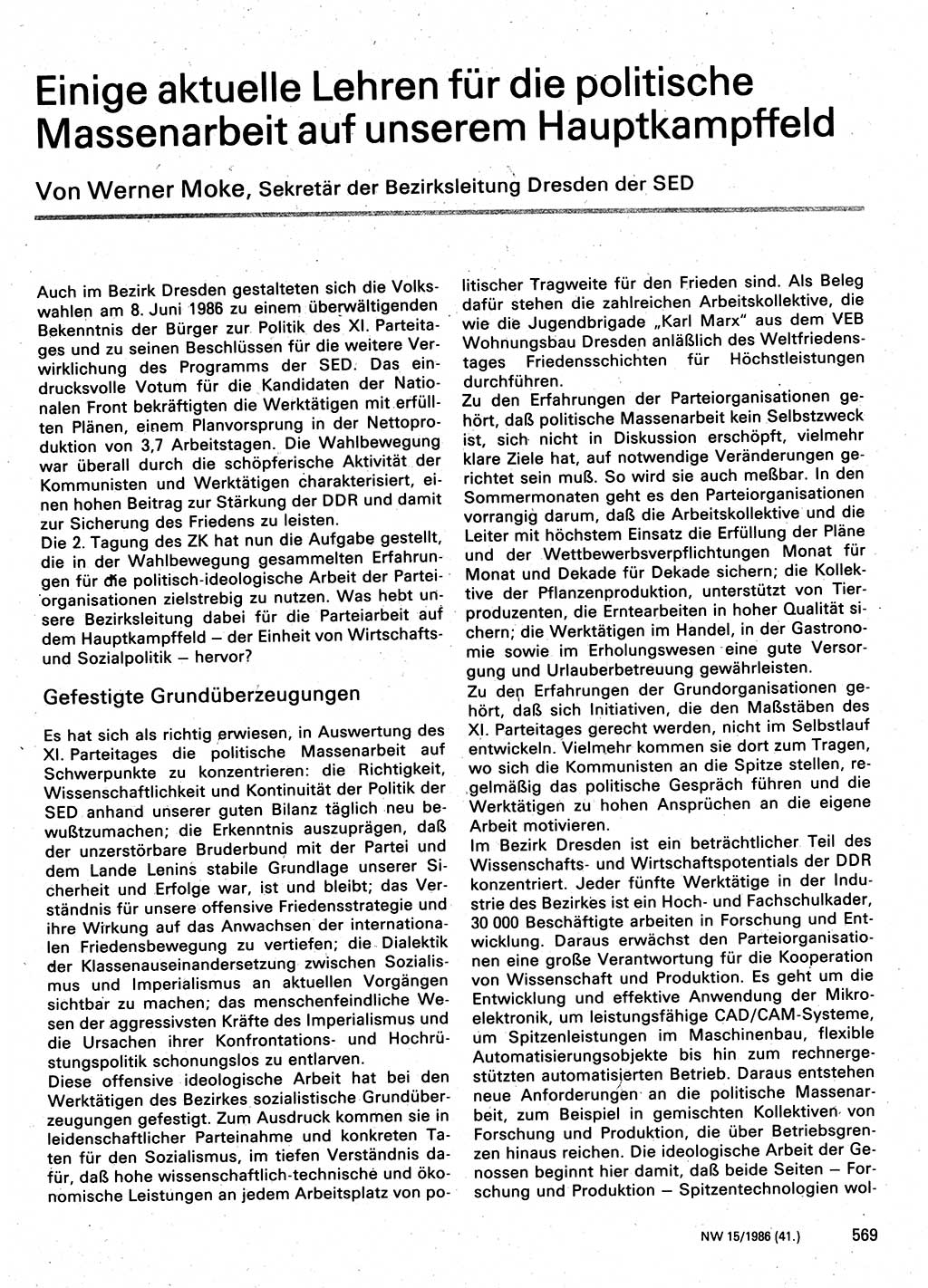 Neuer Weg (NW), Organ des Zentralkomitees (ZK) der SED (Sozialistische Einheitspartei Deutschlands) für Fragen des Parteilebens, 41. Jahrgang [Deutsche Demokratische Republik (DDR)] 1986, Seite 569 (NW ZK SED DDR 1986, S. 569)