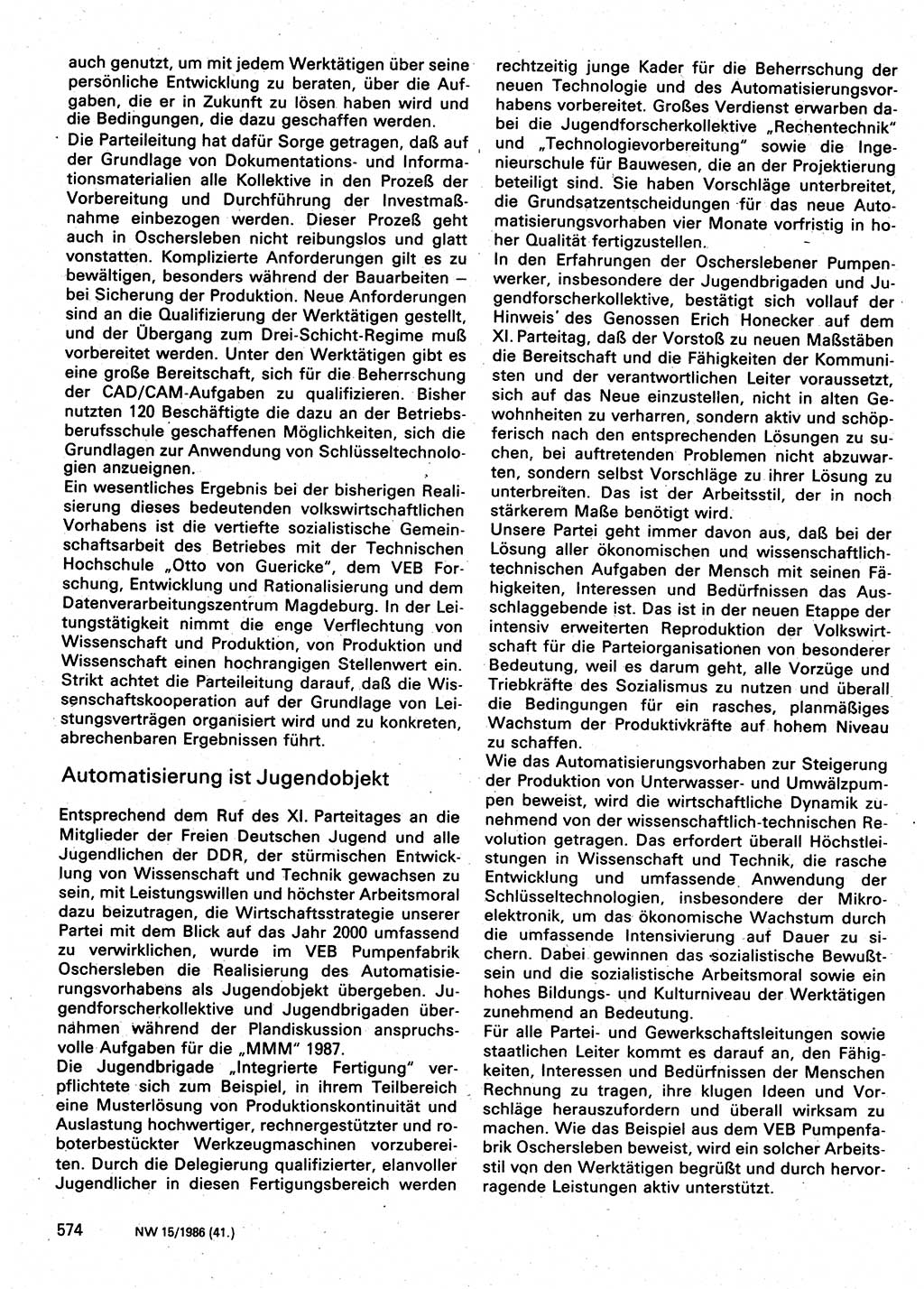 Neuer Weg (NW), Organ des Zentralkomitees (ZK) der SED (Sozialistische Einheitspartei Deutschlands) für Fragen des Parteilebens, 41. Jahrgang [Deutsche Demokratische Republik (DDR)] 1986, Seite 574 (NW ZK SED DDR 1986, S. 574)