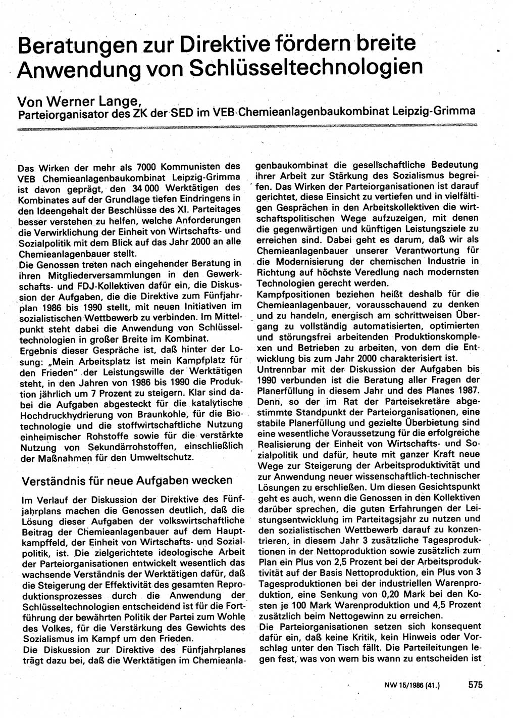 Neuer Weg (NW), Organ des Zentralkomitees (ZK) der SED (Sozialistische Einheitspartei Deutschlands) für Fragen des Parteilebens, 41. Jahrgang [Deutsche Demokratische Republik (DDR)] 1986, Seite 575 (NW ZK SED DDR 1986, S. 575)