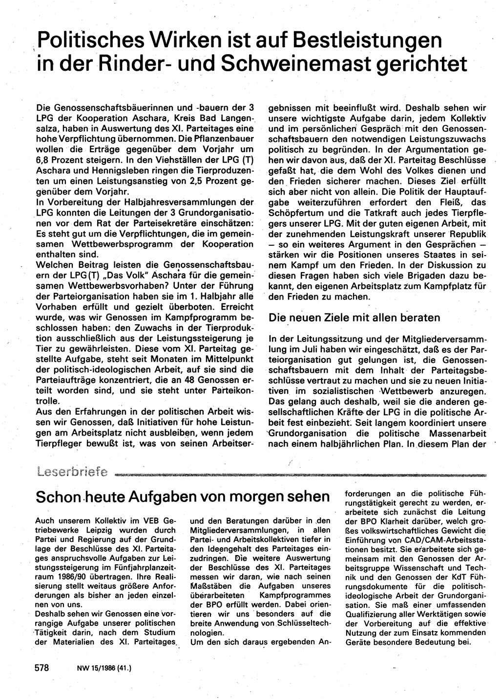 Neuer Weg (NW), Organ des Zentralkomitees (ZK) der SED (Sozialistische Einheitspartei Deutschlands) für Fragen des Parteilebens, 41. Jahrgang [Deutsche Demokratische Republik (DDR)] 1986, Seite 578 (NW ZK SED DDR 1986, S. 578)