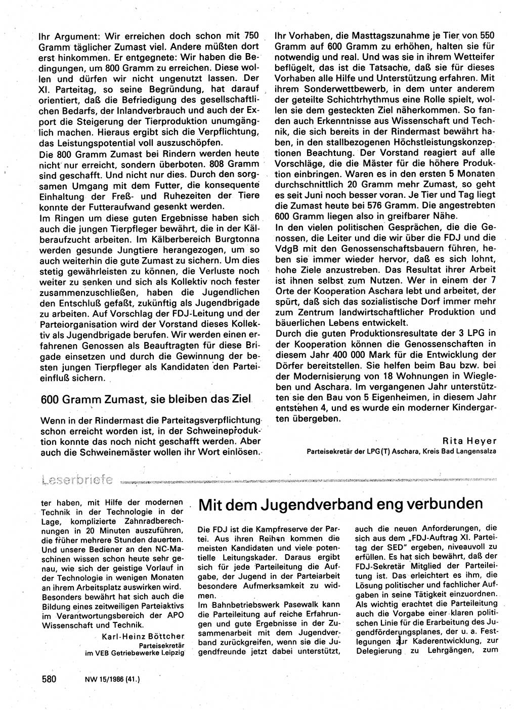 Neuer Weg (NW), Organ des Zentralkomitees (ZK) der SED (Sozialistische Einheitspartei Deutschlands) für Fragen des Parteilebens, 41. Jahrgang [Deutsche Demokratische Republik (DDR)] 1986, Seite 580 (NW ZK SED DDR 1986, S. 580)