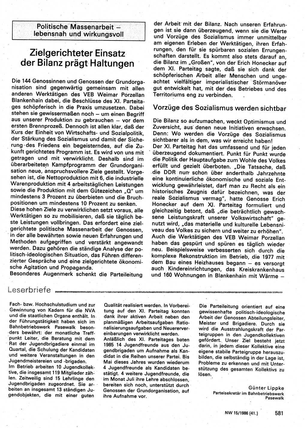 Neuer Weg (NW), Organ des Zentralkomitees (ZK) der SED (Sozialistische Einheitspartei Deutschlands) für Fragen des Parteilebens, 41. Jahrgang [Deutsche Demokratische Republik (DDR)] 1986, Seite 581 (NW ZK SED DDR 1986, S. 581)